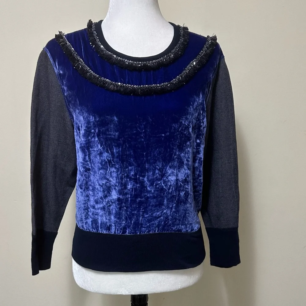 J Crew Black Label Blue Crush Velvet Beads Silver Tinsel Fringe Pullover Top S/M - Picture 8 of 15